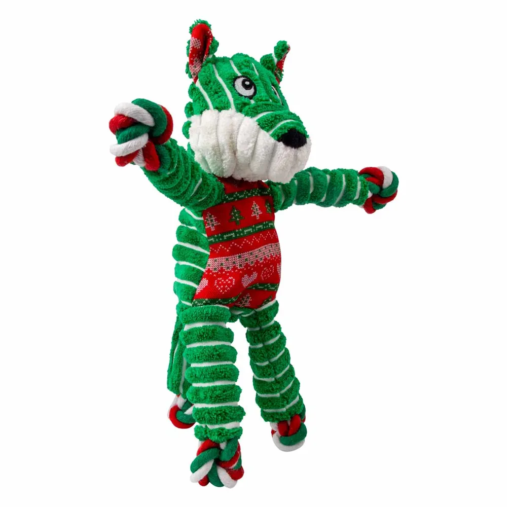 KONG Holiday Floppy Knots Fox S/M - et klassisk plys-hundelegetøj med reb og knuder, pivelyd og juletema.